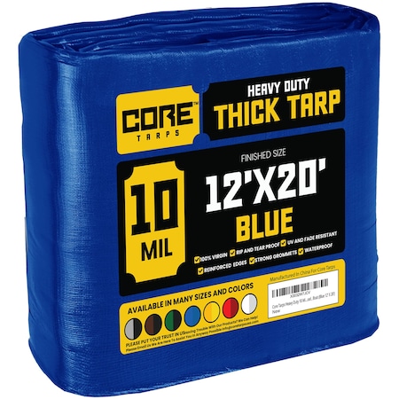 Core Tarps Heavy Duty Tarp, 20 ft L x 0.5 mm H x 12 ft W, 10 Mil, Blue, Polyethylene CT-605-12X20
